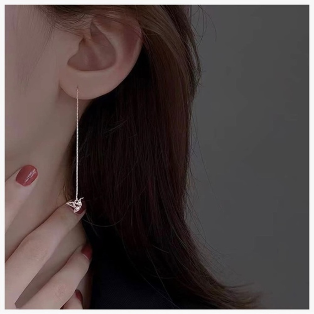 Origami Crane Bird Rose Gold Threader Earrings Delicate Long Chain Tassel - Picture 8 of 10